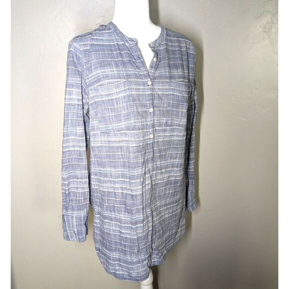 Merona Denim Blue Henley Striped Boyfriend Shirt Tunic Cotton Blouse | Large‎ - Picture 1 of 8